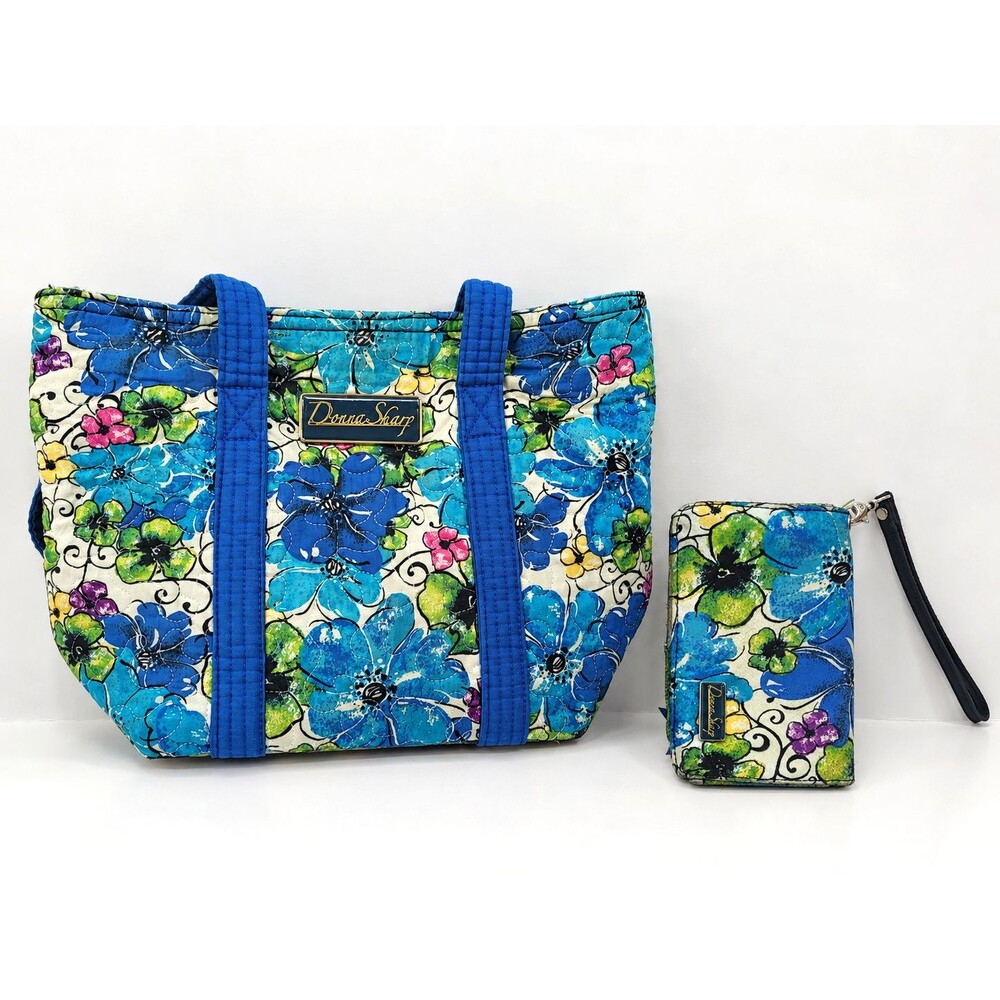 Donna Sharp Quilted Floral Tote Bag Purse Matching Wallet Wristlet Blue Green
